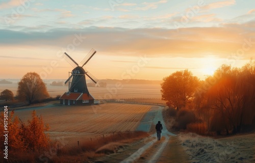 Autumn Sunset Over Historic Windmill in Rural Landscape