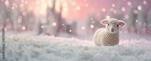 Snowy Landscape With a Cute Lamb Among Frosty Trees at Dusk
