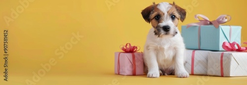 Adorable Puppy Surrounded by Colorful Gift Boxes on Bright Yellow Background