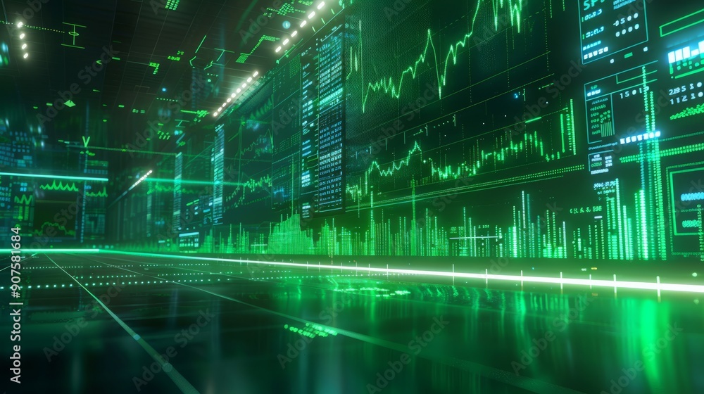 Futuristic green-lit display of S&P 500 stock market index on a large screen Futuristic green-lit display of S&P 500 stock market index on a large screen