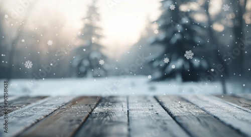 Snowfall Over Wooden Deck in Serene Winter Forest at Dawn