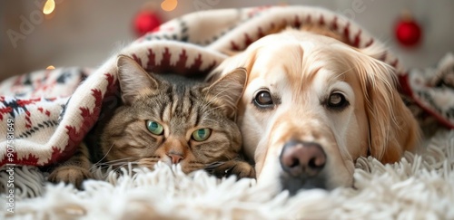 Cozy Dog and Cat Snuggling Under a Blanket in a Warm Living Room