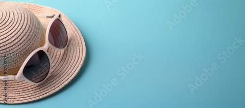 Summer Hat and Sunglasses on Light Blue Background