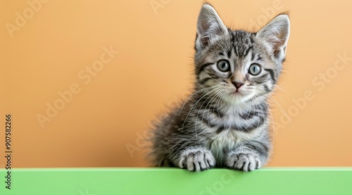 Adorable Kitten Wearing Witch Hat Against Orange Background With Pumpkins