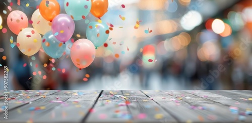 Colorful Balloons With Confetti at a Festive Street Celebration in an Urban S...