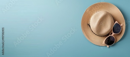 Summer Hat and Sunglasses on Light Blue Background