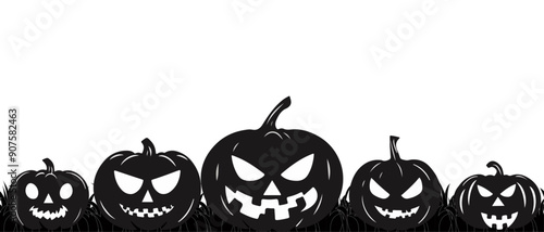 Scary silhouettes of creepy Halloween pumpkins on black grass. Black pumpkins with different evil faces on a white background, on Halloween night.