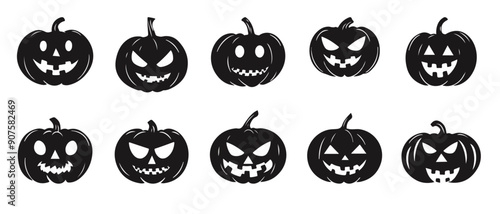 Silhouettes of black pumpkins for Halloween. Vector elements for design and decorations for the autumn annual holiday.