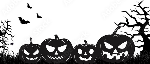 Scary silhouettes of creepy Halloween pumpkins. Black pumpkins with different evil faces in the grass on a white background, on Halloween night.