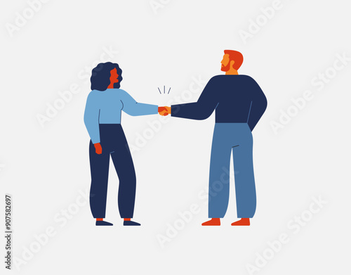 Black woman and white man shake hands. Business people greeting each other. Welcome gesture between colleagues. Gender Equality and partnership teamwork concept. Vector illustration