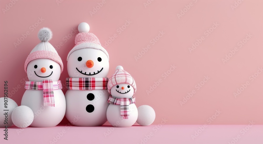 Three Cheerful Snowmen Wearing Colorful Hats and Scarves on a Winter Day Three Cheerful Snowmen Wearing Colorful Hats and Scarves on a Winter Day