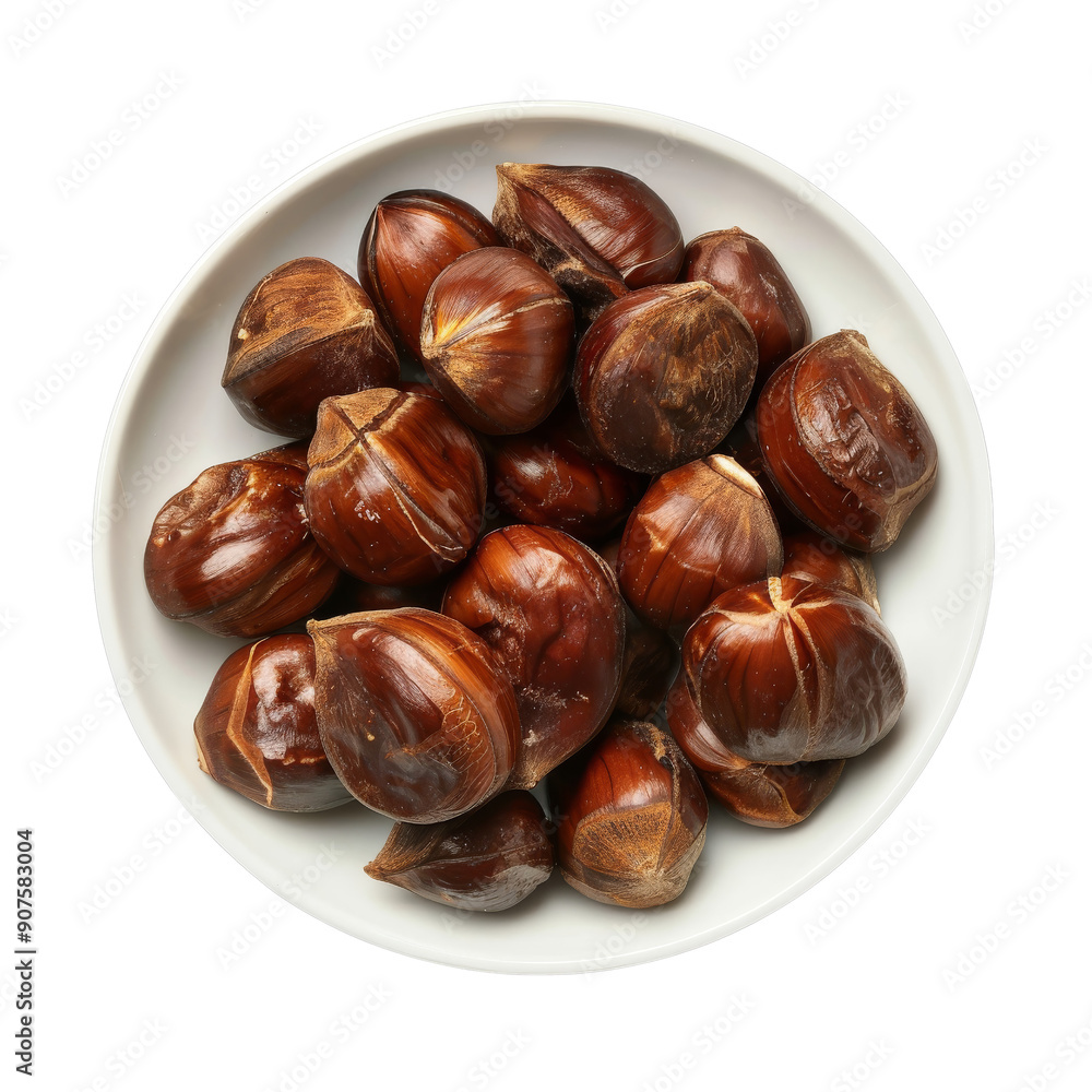 A close-up image of roasted chestnuts in a white bowl, showcasing their rich, glossy brown texture and unique shape. A close-up image of roasted chestnuts in a white bowl, showcasing their rich, glossy brown texture and unique shape.