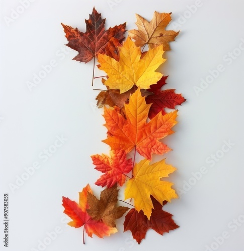 Autumn Leaves Arranged Around Large Black Letter on White Background