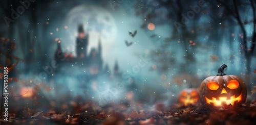 Haunted Landscape With Jack-o'-Lanterns Under a Full Moon