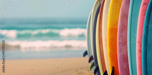 Colorful Surfboards Lined Up on a Beach Near the Ocean on a Sunny Day