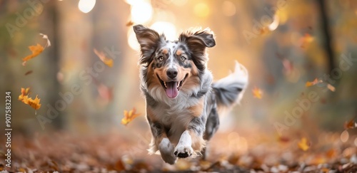 Playful Dog Runs Through Autumn Leaves in a Sunlit Forest Path
