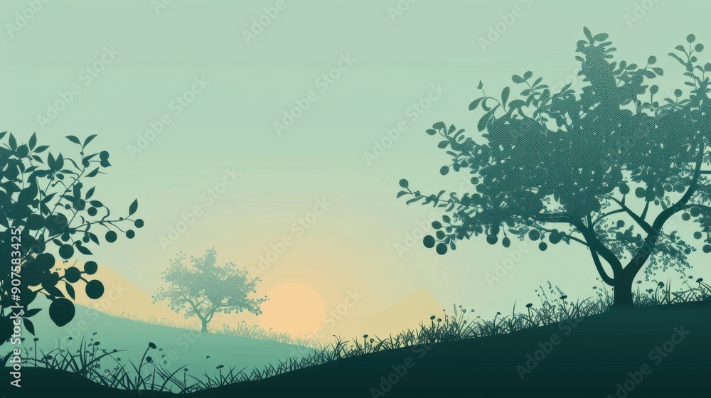 Chinese minimalism illustration, silhouette of a hillside orchard with fruit trees, flat illustration Chinese illustration on soft mint background, rural setting, empty copy space Chinese minimalism illustration, silhouette of a hillside orchard with fruit trees, flat illustration Chinese illustration on soft mint background, rural setting, empty copy space