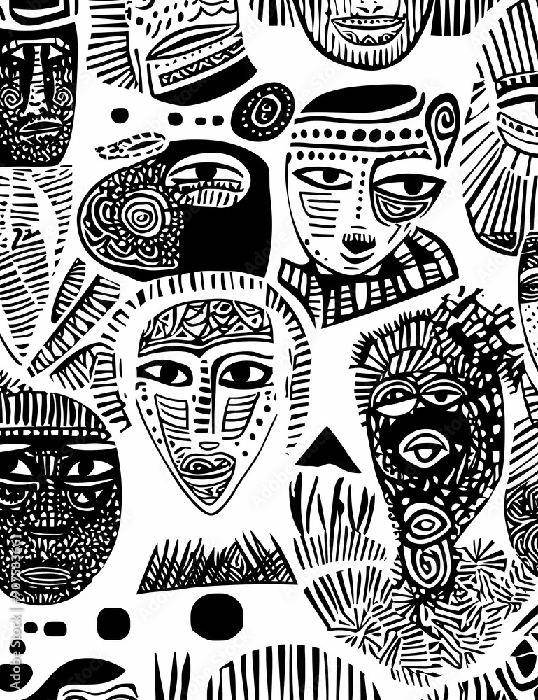 African tribal masks, doodle art style African tribal masks, doodle art style