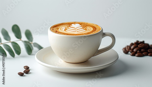 Latte Art in a Creamy Mug With Coffee Beans and Green Leaves. A beautifully crafted latte showcases intricate art