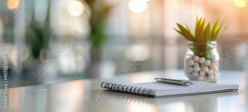 Notebook and Pen on Table With Potted Plant in Bright Cafe