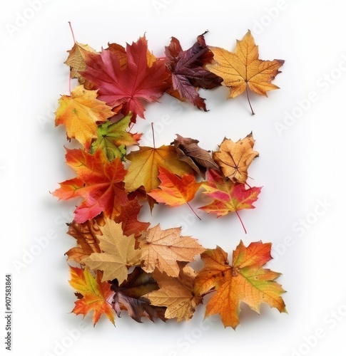 Colorful Autumn Leaves Arranged in Number Five on White Background