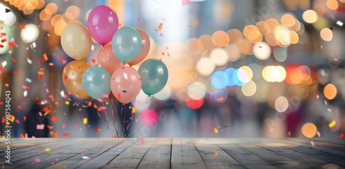 Colorful Balloons Floating Above Busy Street During Festive Evening Celebration