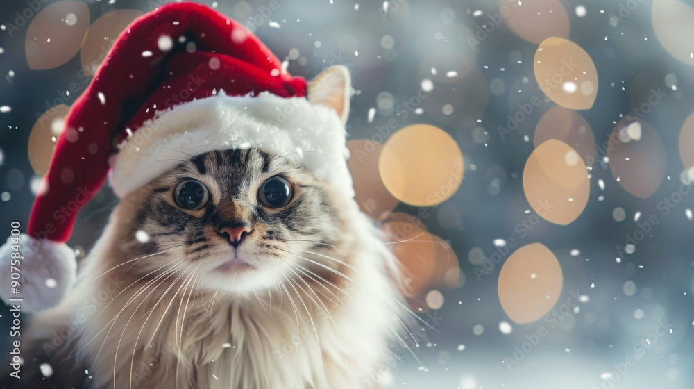 Cute Ragdoll Cat Wearing Christmas Hat in Festive Winter Scene - Perfect for Holiday Decoration Cute Ragdoll Cat Wearing Christmas Hat in Festive Winter Scene - Perfect for Holiday Decoration