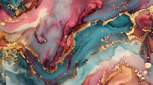 Marble ink texture background with swirls of pink, blue, and gold