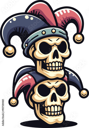 Adobe Illustrator Artwork two cartoon clown cap skulls stacked on top of each other
 photo