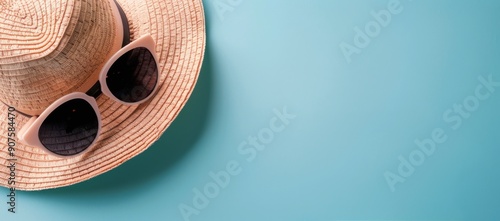Summer Hat and Sunglasses on Light Blue Background