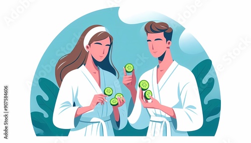 Couple Enjoying Spa Day with Cucumber Slices photo