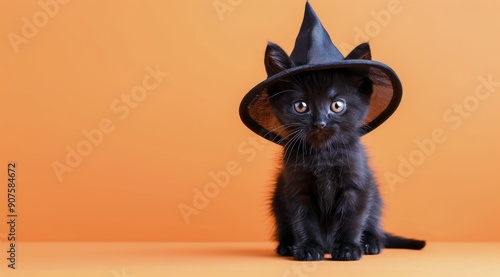 Black Cat Wearing Witch Hat Against Orange Background