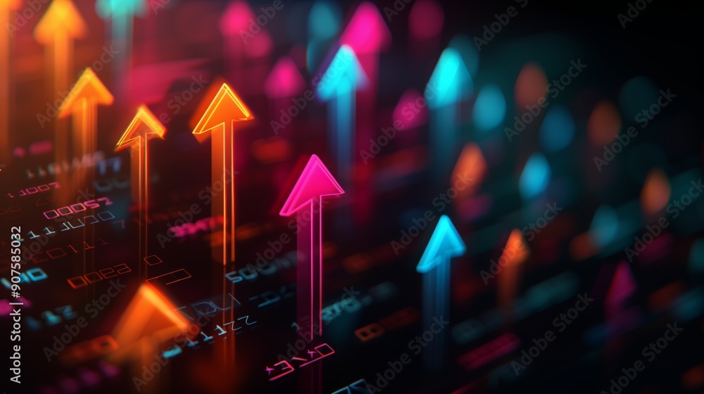 Vibrant arrows ascend against an abstract background with numerical elements Vibrant arrows ascend against an abstract background with numerical elements