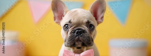 French Bulldog Puppy With Pink Bow Tie Against Colorful Background