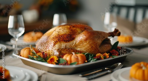 Thanksgiving Turkey Feast In A Cozy Dining Setting With Seasonal Decor