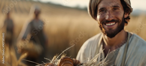Smiling Farmer Holding Harvested Wheat Bunch in Golden Field at Sunset