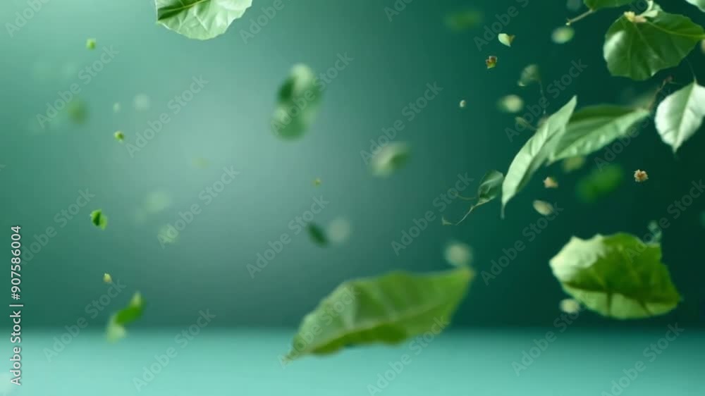 Green leaves falling gently in a serene, sunlit forest, slow motion tranquility. Green leaves falling gently in a serene, sunlit forest, slow motion tranquility.
