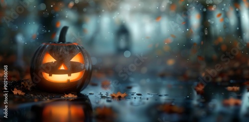 Spooky Pumpkin Lantern on Rainy Autumn Night in Forest Pathway