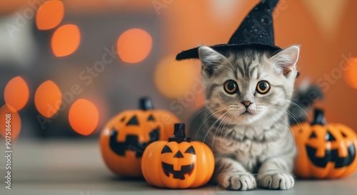 Gray Kitten Sitting Beside Halloween Pumpkins on Orange Background