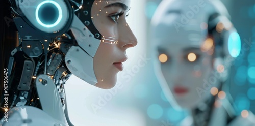Futuristic Female Robot Portrait With Advanced Technology Features in a High-...