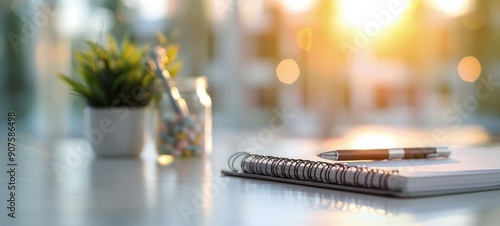 Notebook and Pen on Table With Potted Plant in Bright Cafe