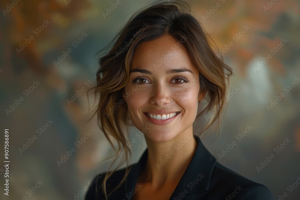 Obraz premium A stunning portrait of a smiling businessperson exuding confidence and professionalism.