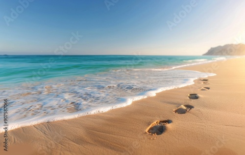 Footprints on Sandy Beach at Sunset by Calm Ocean Waves