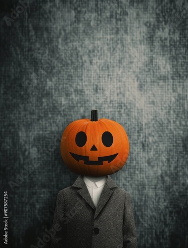 Pumpkin Head Figurine in Dark Suit Against Grunge Background