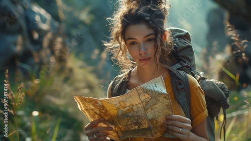 A young woman ready for adventure, receiving a map and compass to guide her journey.