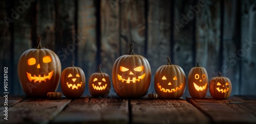 Glowing Jack-O-Lanterns Lining Wooden Steps on Halloween Night