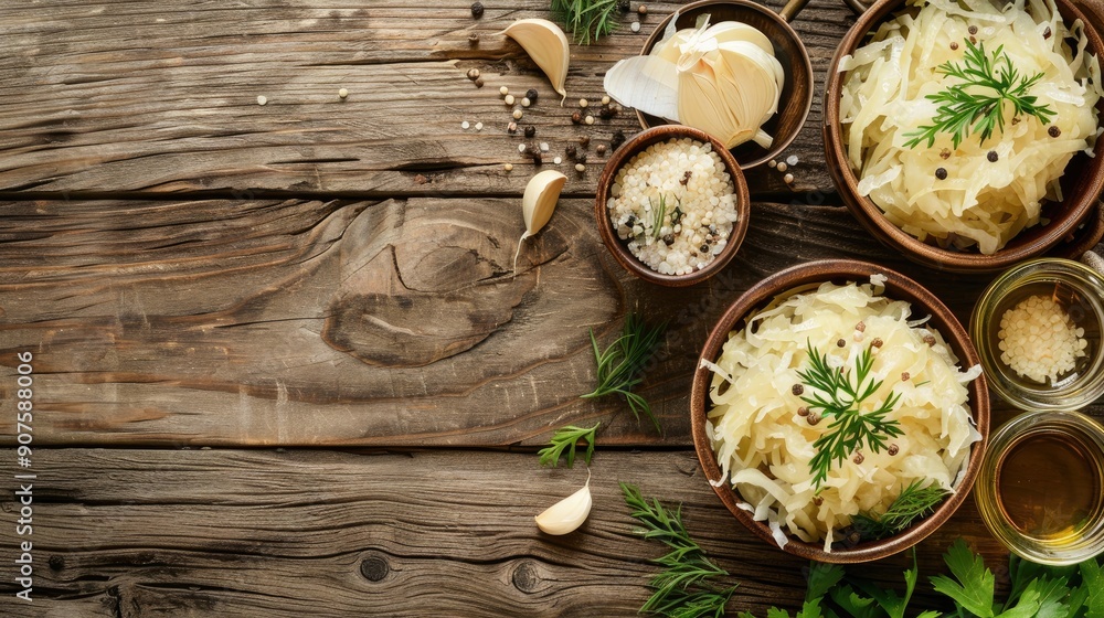 Sauerkraut on wood surface with salted veggies Traditional German cuisine from above with room for text Sauerkraut on wood surface with salted veggies Traditional German cuisine from above with room for text