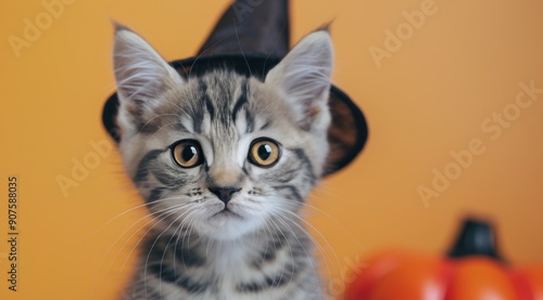 Adorable Kitten Wearing Witch Hat Against Orange Background With Pumpkins