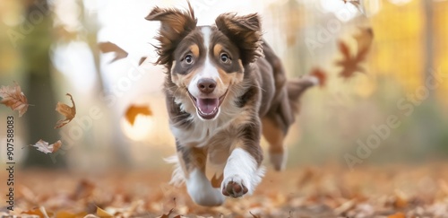 Joyful Dog Running Through Autumn Leaves in a Park During Golden Hour