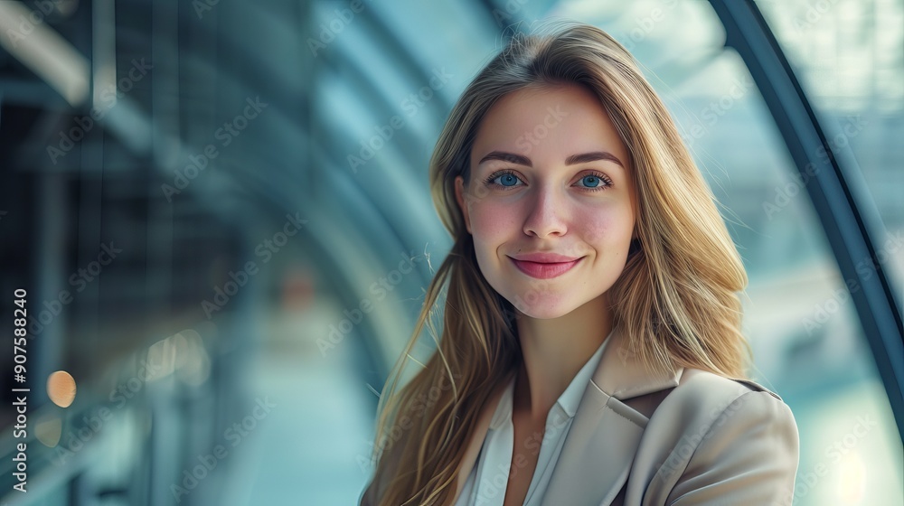 Obraz premium Confident and successful businesswoman smiling in a professional office setting, portraying leadership and achievement in a modern corporate environment